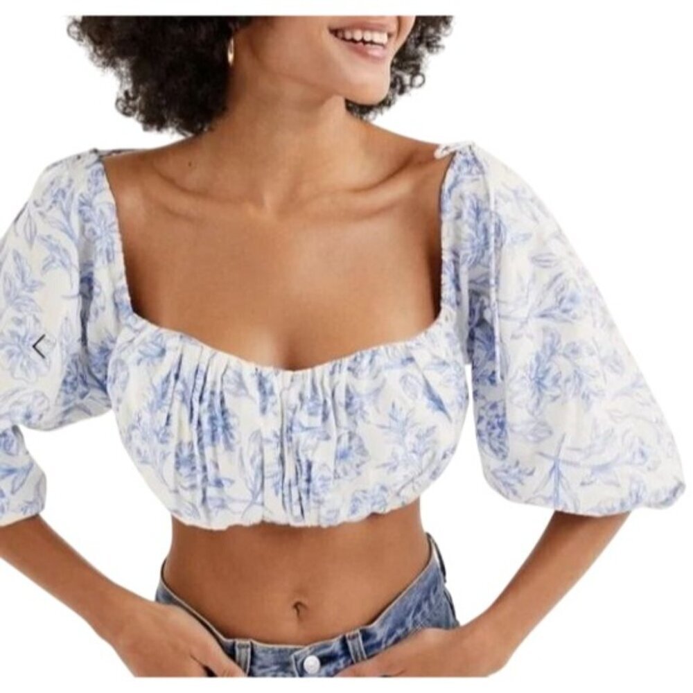 For Love & Lemons Maisie Embroidered Floral Puff Sleeve Crop Top Size XS NWT